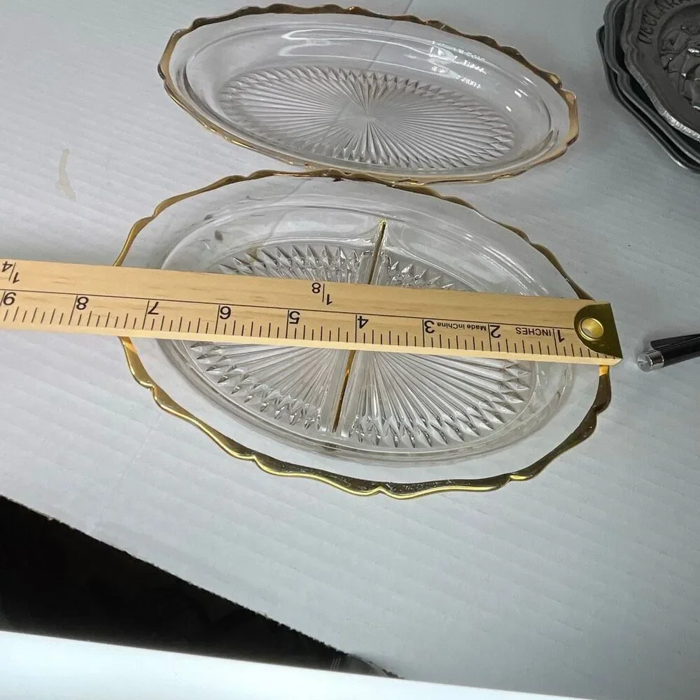 Lot of 2 Midcentury starburst pattern gold trimmed relish dishes